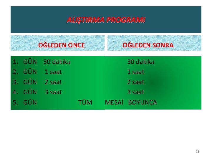 ALIŞTIRMA PROGRAMI ÖĞLEDEN ÖNCE 1. 2. 3. 4. 5. GÜN 30 dakika GÜN 1