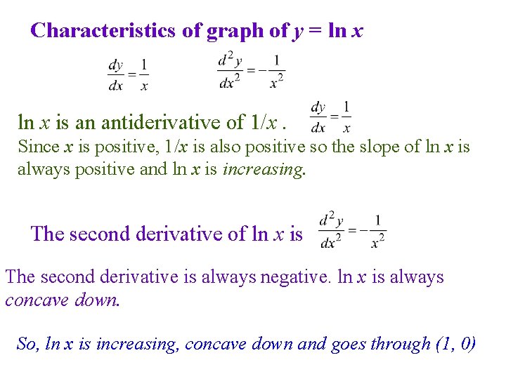 Characteristics of graph of y = ln x is an antiderivative of 1/x. Since