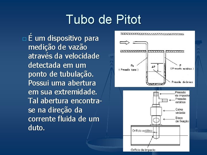 Tubo de Pitot �É um dispositivo para medição de vazão através da velocidade detectada