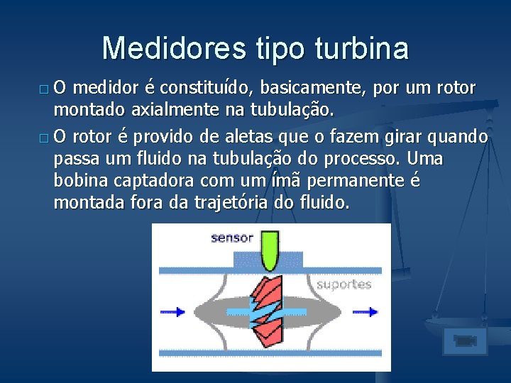 Medidores tipo turbina �O medidor é constituído, basicamente, por um rotor montado axialmente na