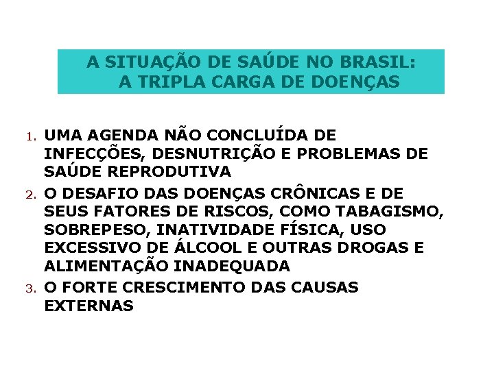 A SITUAÇÃO DE SAÚDE NO BRASIL: A TRIPLA CARGA DE DOENÇAS 1. 2. 3.
