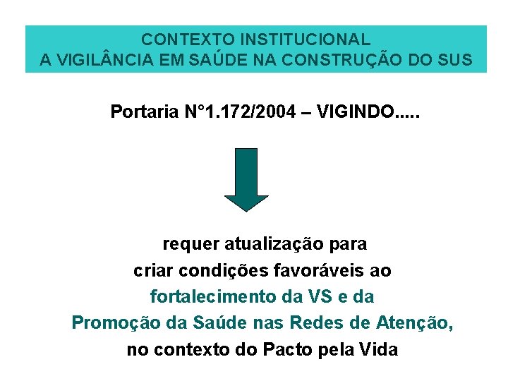 CONTEXTO INSTITUCIONAL A VIGIL NCIA EM SAÚDE NA CONSTRUÇÃO DO SUS Portaria N° 1.