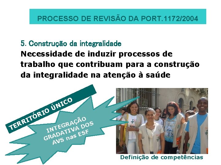 PROCESSO DE REVISÃO DA PORT. 1172/2004 5. Construção da integralidade Necessidade de induzir processos