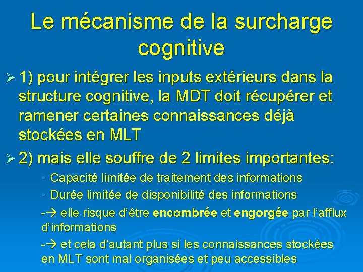 Le mécanisme de la surcharge cognitive Ø 1) pour intégrer les inputs extérieurs dans