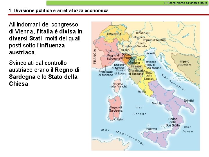 Il Risorgimento e l’unità d’Italia 1. Divisione politica e arretratezza economica All’indomani del congresso