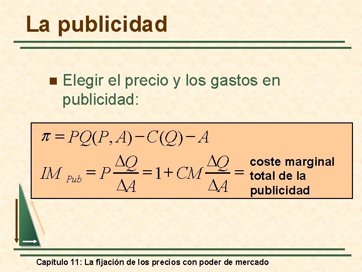 La publicidad n Elegir el precio y los gastos en publicidad: = PQ( P,