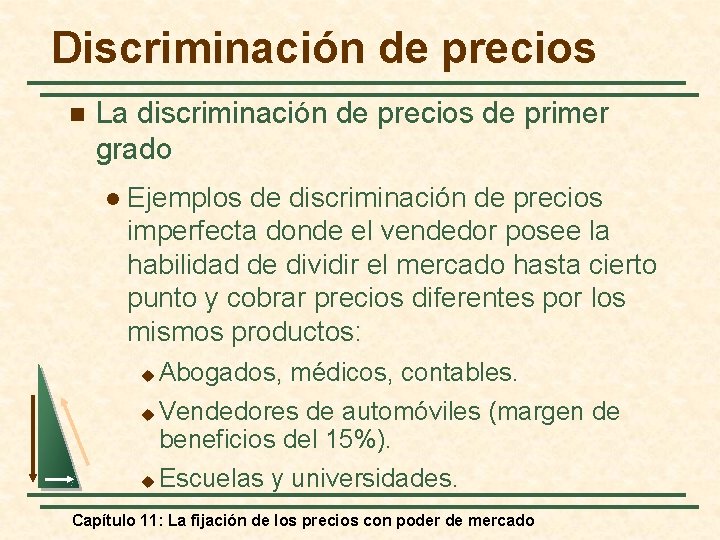 Discriminación de precios n La discriminación de precios de primer grado l Ejemplos de
