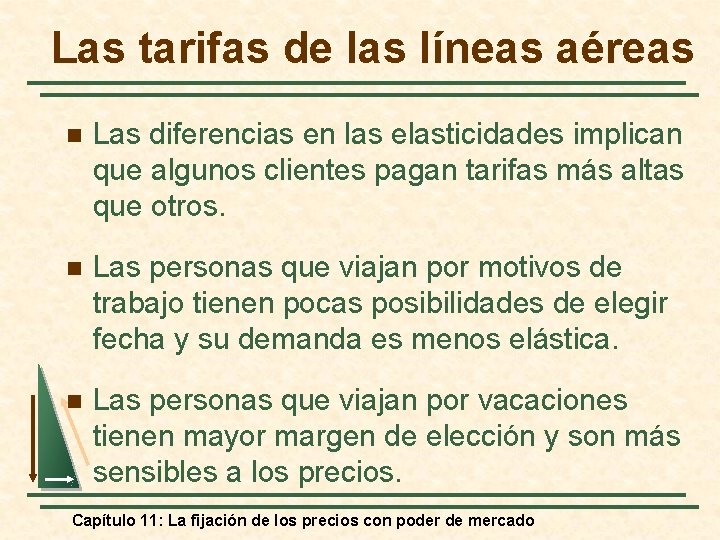 Las tarifas de las líneas aéreas n Las diferencias en las elasticidades implican que