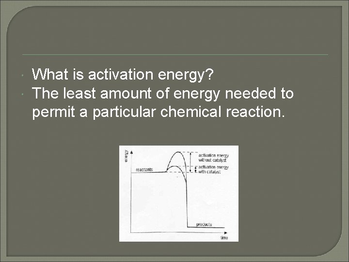 What is activation energy? The least amount of energy needed to permit a What is activation energy? The least amount of energy needed to permit a