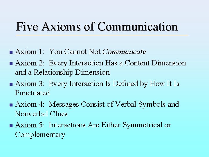 Five Axioms of Communication Axiom 1: You Cannot Not Communicate Axiom 1 n Axiom