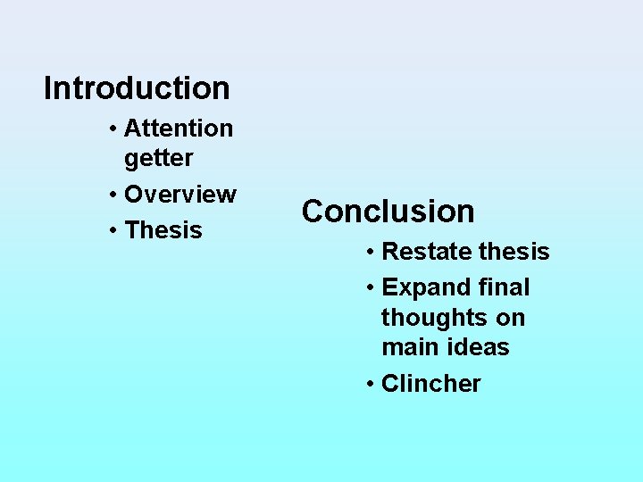 Introduction • Attention getter • Overview • Thesis Conclusion • Restate thesis • Expand