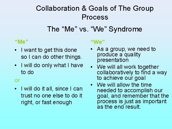 Collaboration & Goals of The Group Process The “Me” vs. “We” Syndrome “Me” •