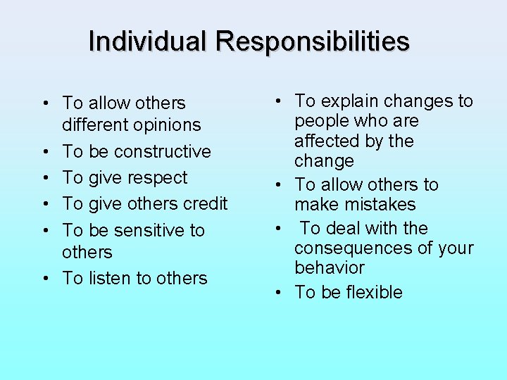 Individual Responsibilities • To allow others different opinions • To be constructive • To