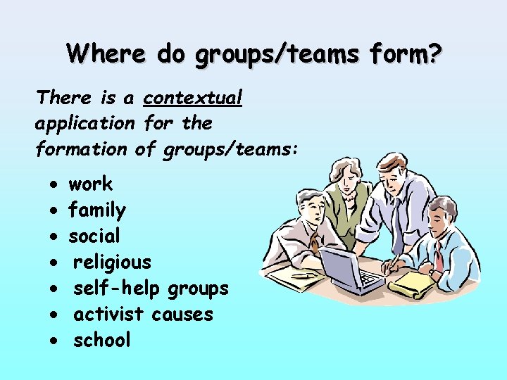 Where do groups/teams form? There is a contextual application for the formation of groups/teams: