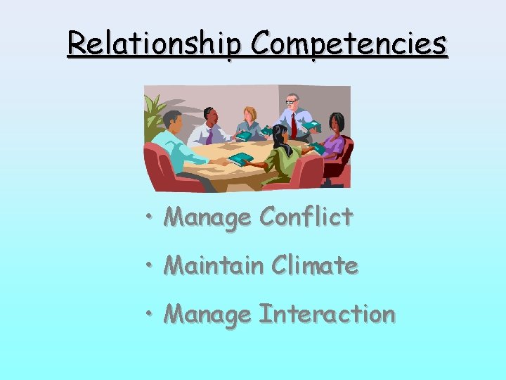 Relationship Competencies • Manage Conflict • Maintain Climate • Manage Interaction 