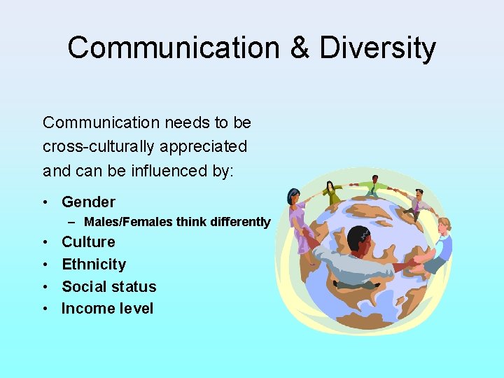 Communication & Diversity Communication needs to be cross-culturally appreciated and can be influenced by: