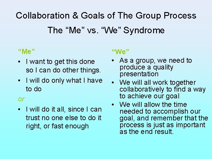 Collaboration & Goals of The Group Process The “Me” vs. “We” Syndrome “Me” •