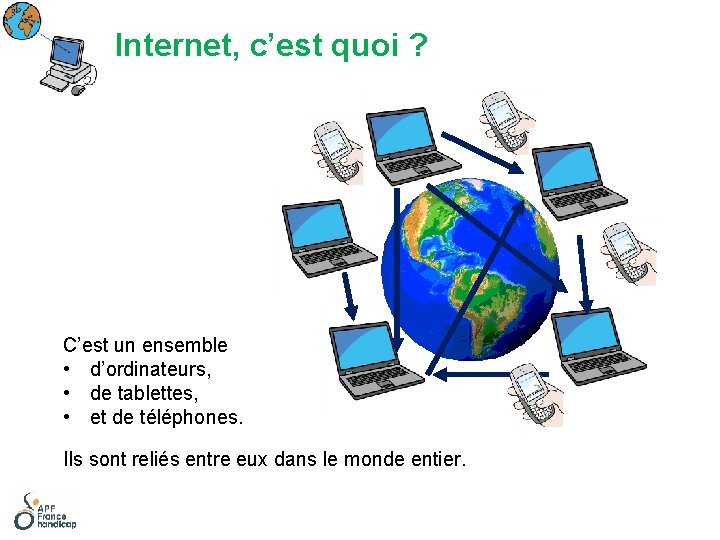 Internet, c’est quoi ? C’est un ensemble • d’ordinateurs, • de tablettes, • et