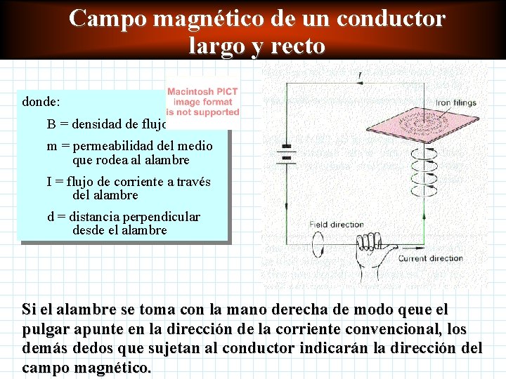 Campo magnético de un conductor largo y recto donde: B = densidad de flujo Campo magnético de un conductor largo y recto donde: B = densidad de flujo