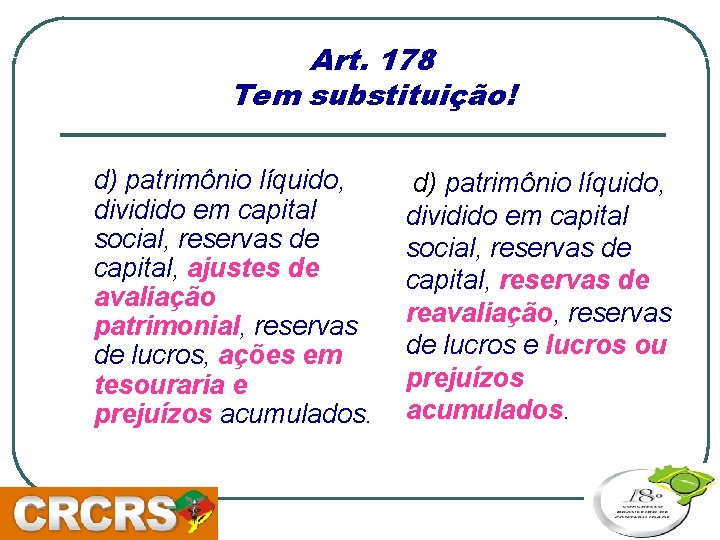 Art. 178 Tem substituição! d) patrimônio líquido, dividido em capital social, reservas de capital,