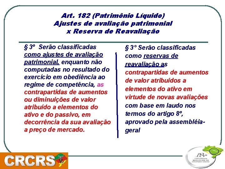 Art. 182 (Patrimônio Líquido) Ajustes de avaliação patrimonial x Reserva de Reavaliação § 3º