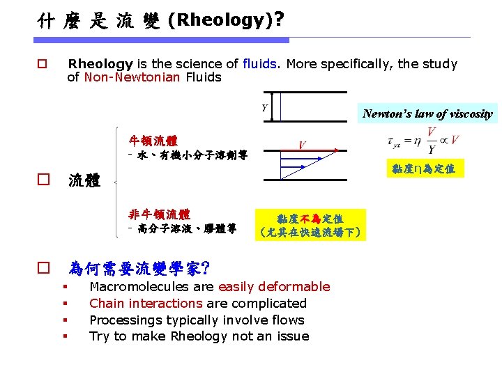 什 麼 是 流 變 (Rheology)? o Rheology is the science of fluids. More