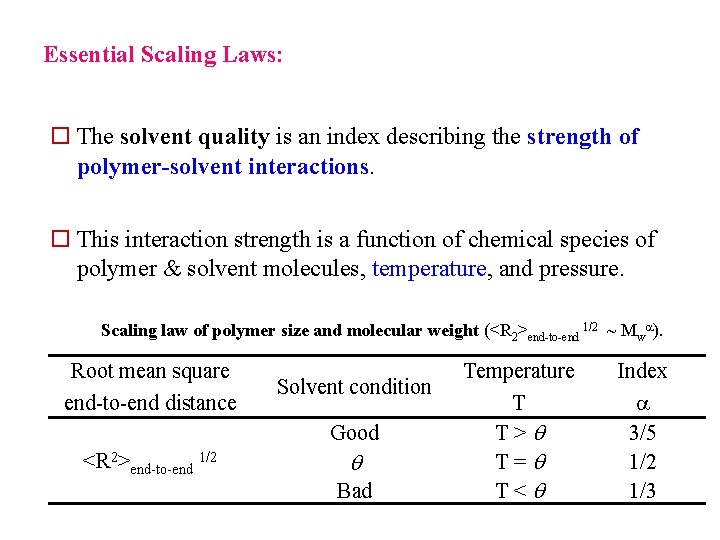 Essential Scaling Laws: o The solvent quality is an index describing the strength of