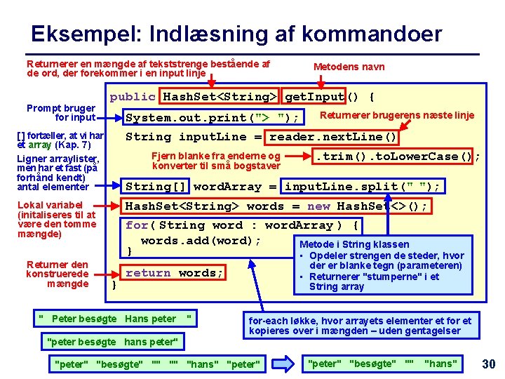 Eksempel: Indlæsning af kommandoer Returnerer en mængde af tekststrenge bestående af de ord, der