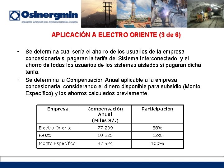 APLICACIÓN A ELECTRO ORIENTE (3 de 6) • • Se determina cual sería el