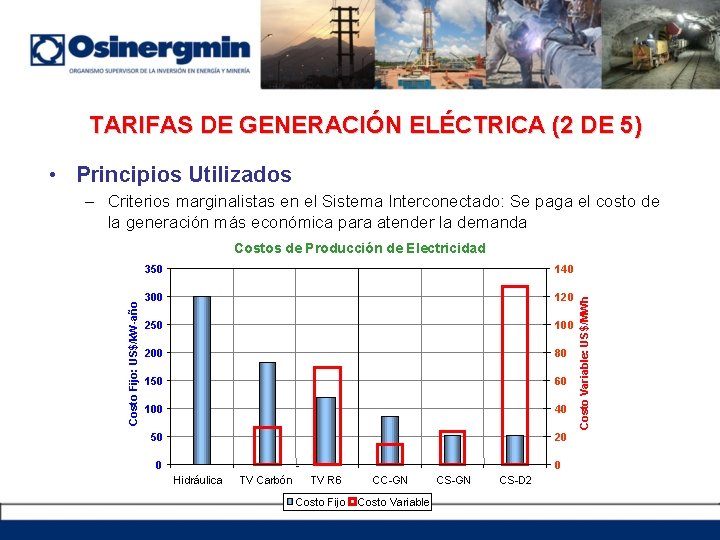 TARIFAS DE GENERACIÓN ELÉCTRICA (2 DE 5) • Principios Utilizados – Criterios marginalistas en