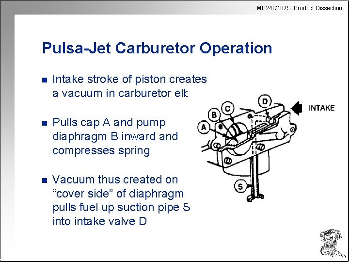 ME 240/107 S: Product Dissection Pulsa-Jet Carburetor Operation n Intake stroke of piston creates