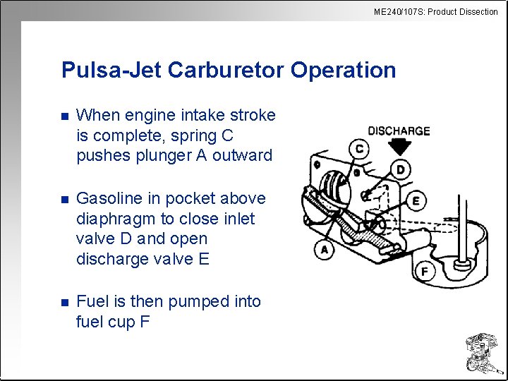 ME 240/107 S: Product Dissection Pulsa-Jet Carburetor Operation n When engine intake stroke is