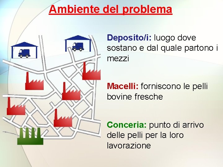 Ambiente del problema Deposito/i: luogo dove sostano e dal quale partono i mezzi Macelli: