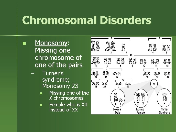 Chromosomal Disorders Monosomy: Missing one chromosome of one of the pairs n – Turner’s