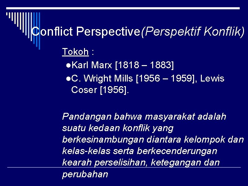 Conflict Perspective(Perspektif Konflik) Tokoh : ●Karl Marx [1818 – 1883] ●C. Wright Mills [1956