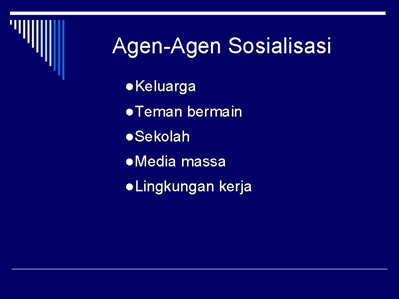 Agen-Agen Sosialisasi ●Keluarga ●Teman bermain ●Sekolah ●Media massa ●Lingkungan kerja 