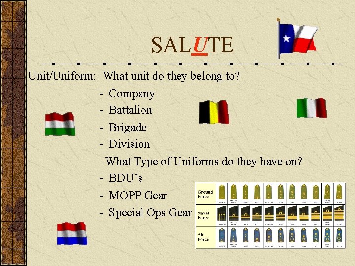 SALUTE Unit/Uniform: What unit do they belong to? - Company - Battalion - Brigade