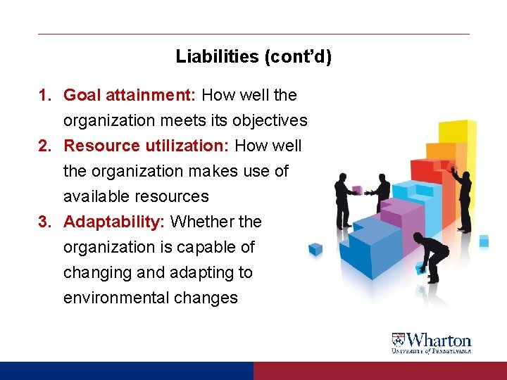 Liabilities (cont’d) 1. Goal attainment: How well the organization meets its objectives 2. Resource Liabilities (cont’d) 1. Goal attainment: How well the organization meets its objectives 2. Resource