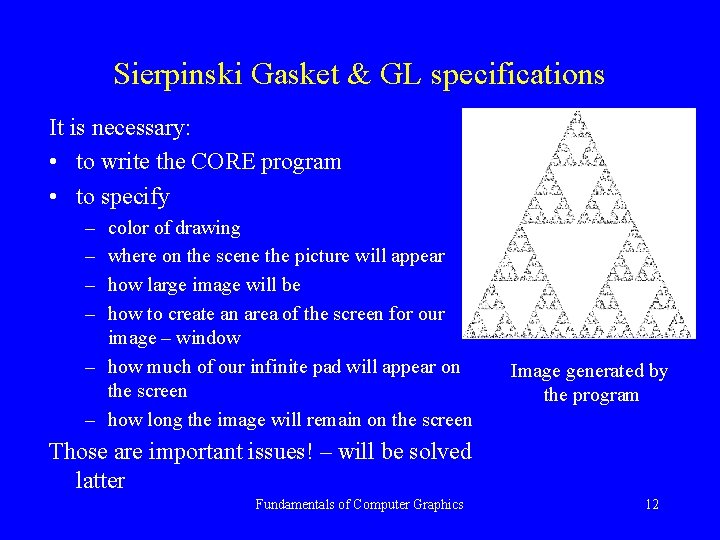 Sierpinski Gasket & GL specifications It is necessary: • to write the CORE program