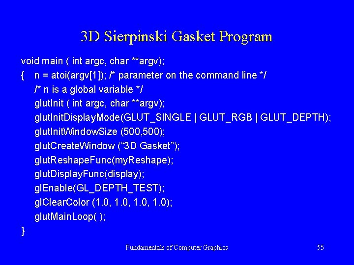3 D Sierpinski Gasket Program void main ( int argc, char **argv); { n