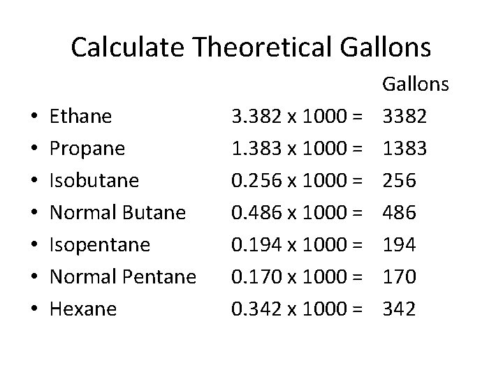 Calculate Theoretical Gallons • • Ethane Propane Isobutane Normal Butane Isopentane Normal Pentane Hexane