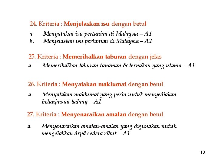 24. Kriteria : Menjelaskan isu dengan betul a. b. Menyatakan isu pertanian di Malaysia