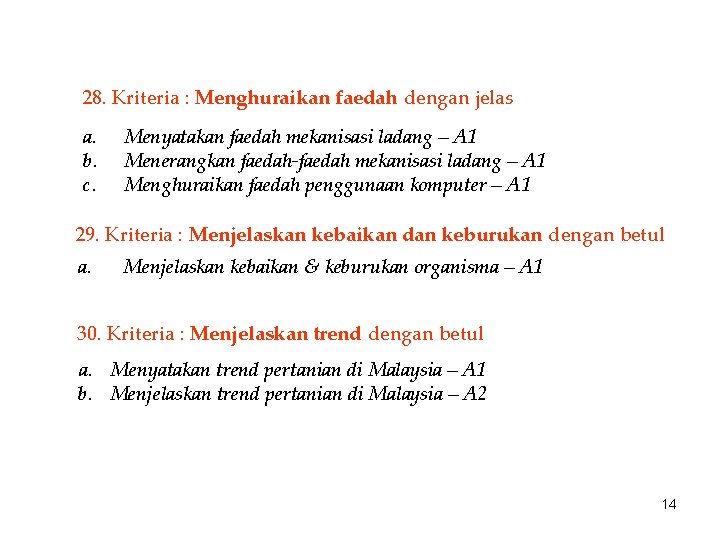 28. Kriteria : Menghuraikan faedah dengan jelas a. b. c. Menyatakan faedah mekanisasi ladang