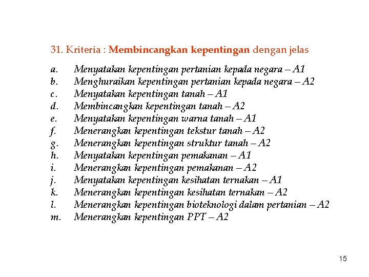 31. Kriteria : Membincangkan kepentingan dengan jelas a. b. c. d. e. f. g.