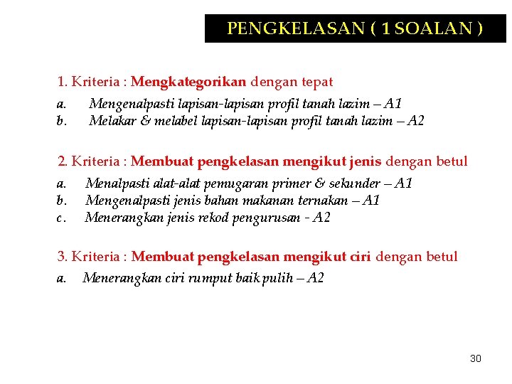 PENGKELASAN ( 1 SOALAN ) 1. Kriteria : Mengkategorikan dengan tepat a. b. Mengenalpasti