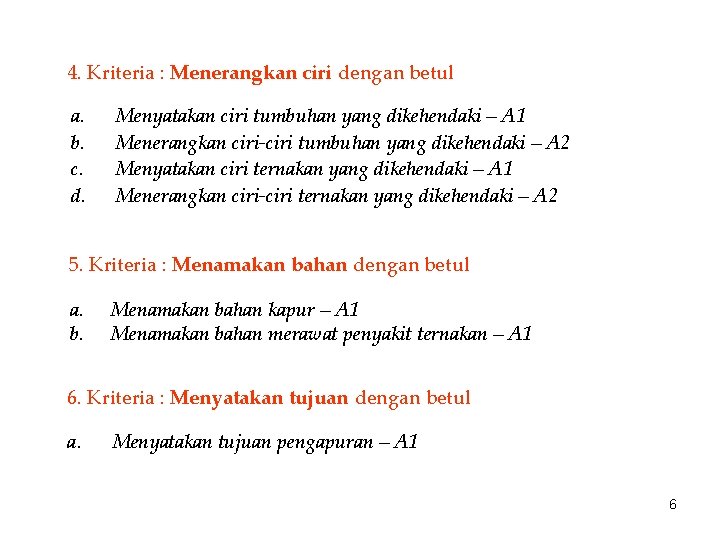 4. Kriteria : Menerangkan ciri dengan betul a. b. c. d. Menyatakan ciri tumbuhan