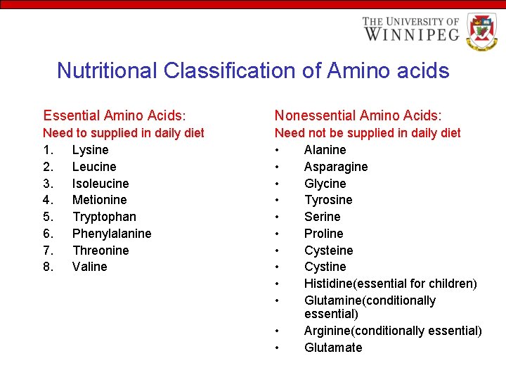 Nutritional Classification of Amino acids Essential Amino Acids: Nonessential Amino Acids: Need to supplied