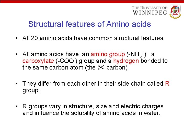 Structural features of Amino acids • All 20 amino acids have common structural features