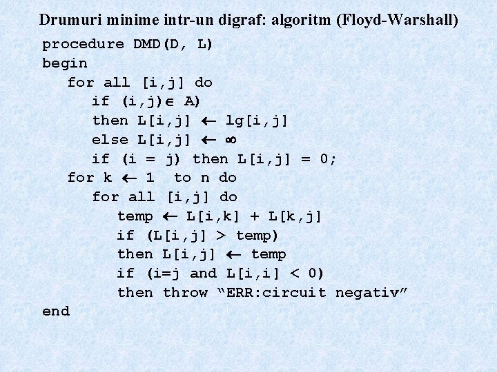 Drumuri minime intr-un digraf: algoritm (Floyd-Warshall) procedure DMD(D, L) begin for all [i, j]