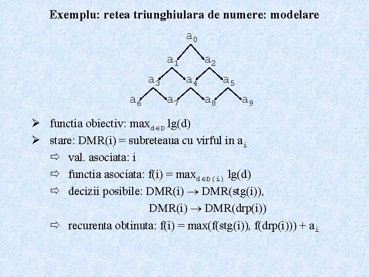 Exemplu: retea triunghiulara de numere: modelare a 0 a 1 a 3 a 6